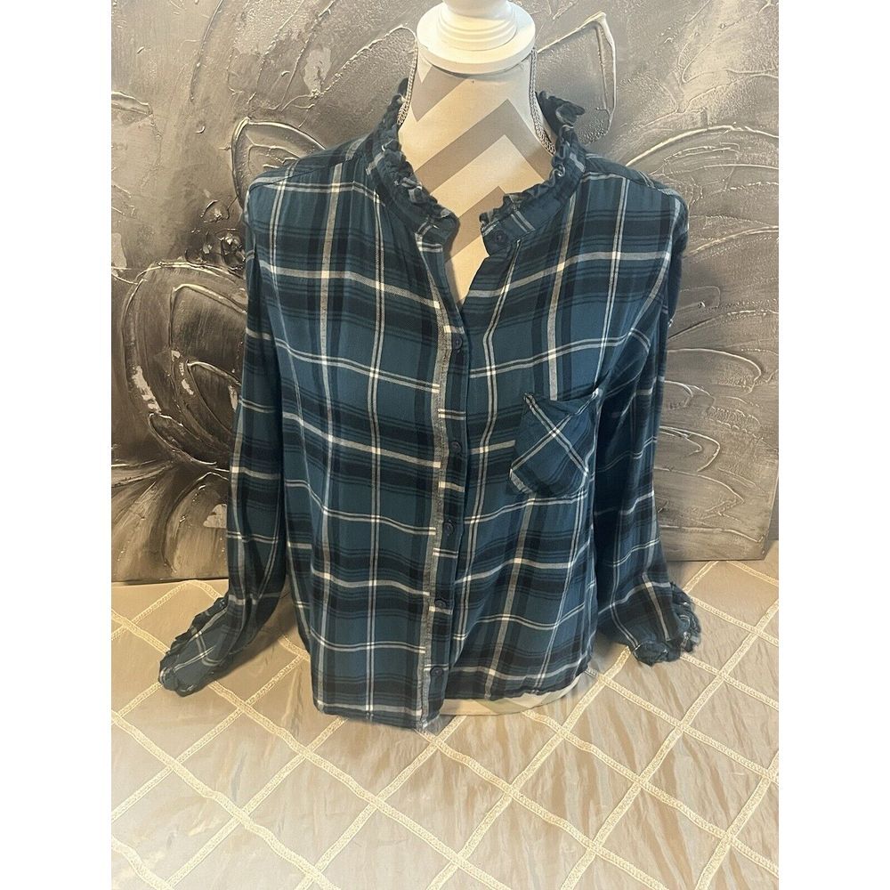 Abound Western Blue Flannel Button Down Blouse Top 100% Cotton W/ Pocket~ Size M
